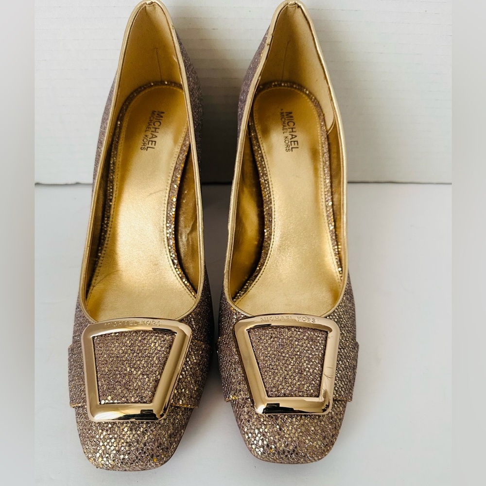 Michael Michael Kors Gold Glitter Block Heel Pump with Buckle